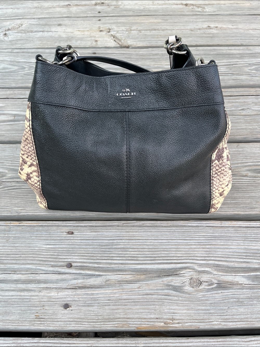 Coach Black Leather Shoulder Bag with Snakeskin Trim